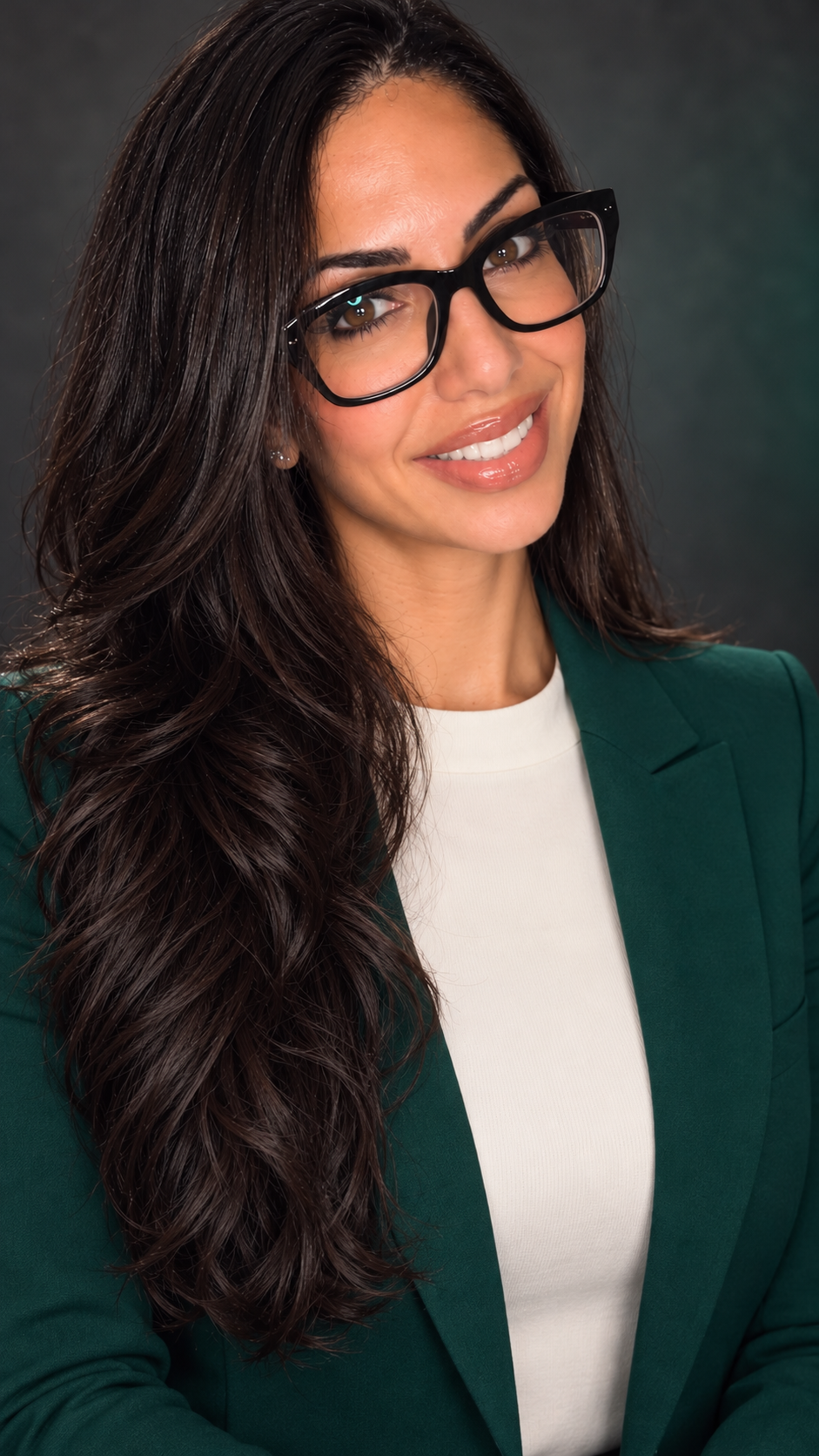 Founder portrait in an emerald blazer and ivory top
